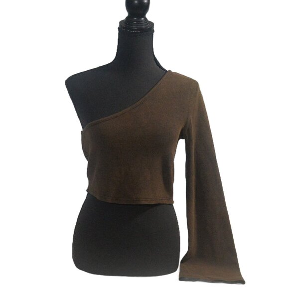 POL One Shoulder Bell Sleeve Ribbed Top Size Large Brown - Picture 1 of 7